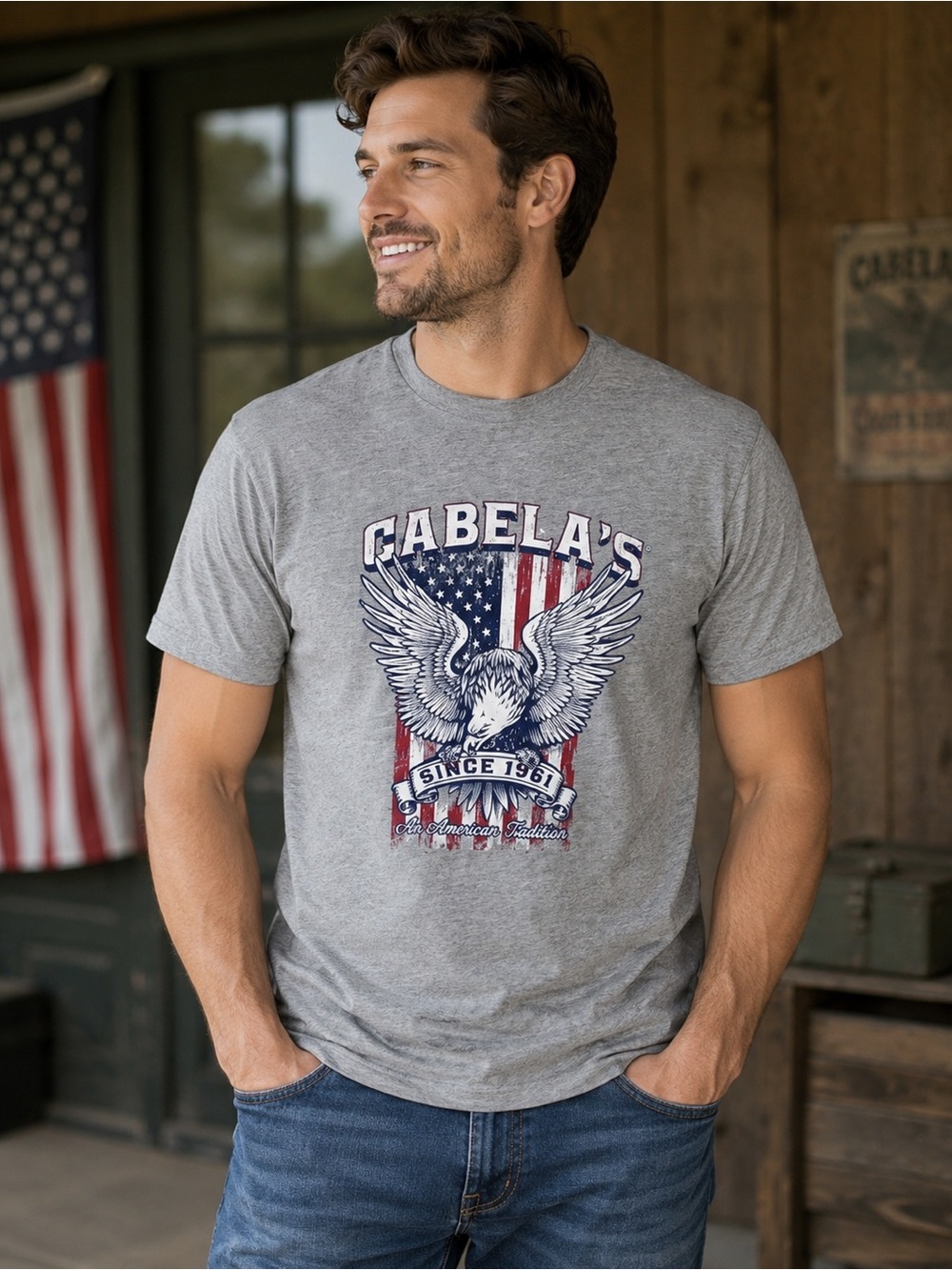 CABELAS AN AMERICA TRADITION RED WHITE BLUE T-SHIRT SIZE SMALL